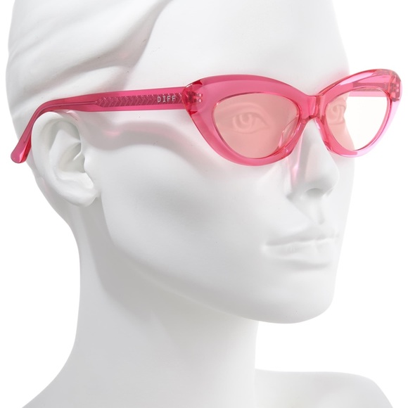 DIFF Pink Cleo Sunglasses Cat Eye Transparent Pink Frames Pink Lenses Retro NWT - Picture 2 of 10